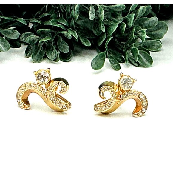 Vintage Lisner Gold-Tone and Crystal Screw back Earrings - Picture 1 of 7